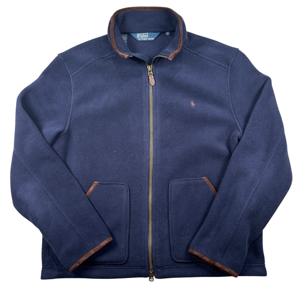 Polo Ralph Lauren Fleece Jacket Mens XL Navy Blue Leather Trim Full Zip Pony